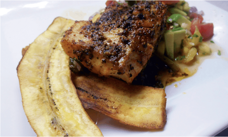 Blackened Cod With Plantain Chips and Pineapple Avocado Salad